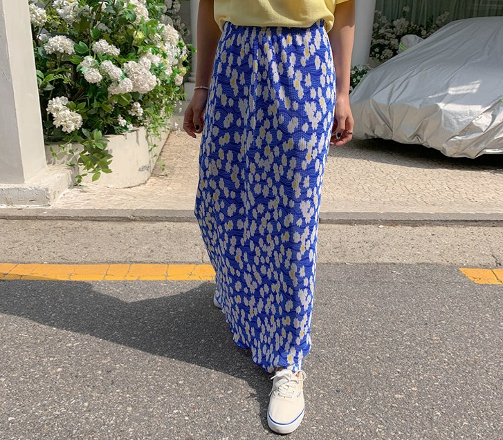 Maxi flower pleated long skirt