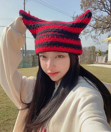 Striped horn drop beanie