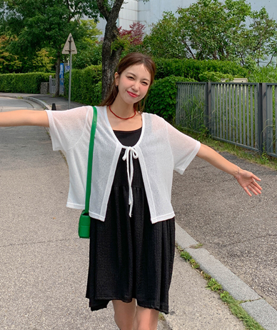 Renne bowknot open Short-sleeve Cardigan