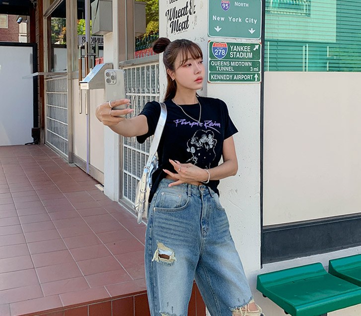 Purple Rain Printed Semi-Cropped Short Sleeves T-shirt