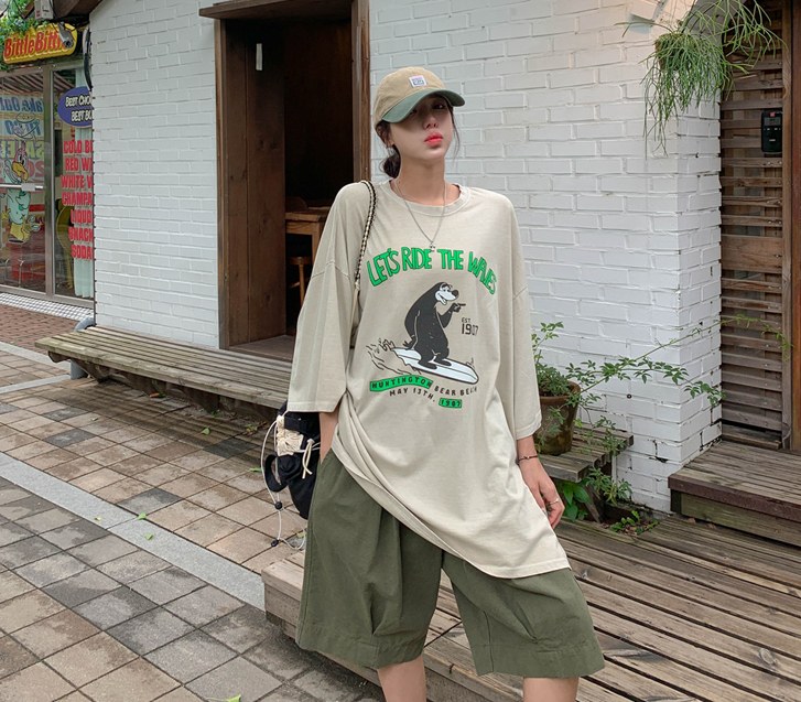 Let's Bear Printed Pigment Short-sleeve Long t shirts