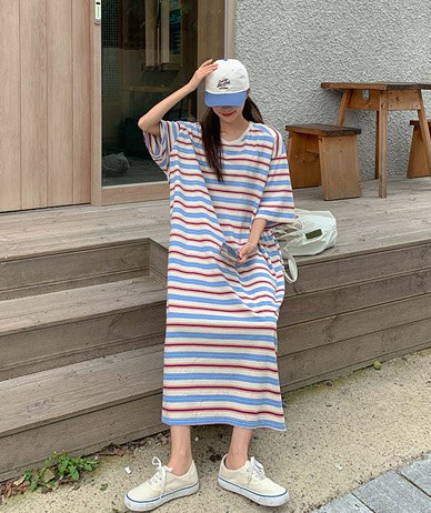 Tandem Stripe Short-sleeve Long one piece