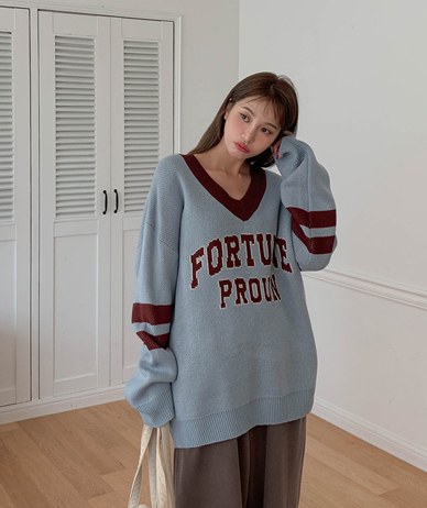 Rugby V-neck color combination Long knit