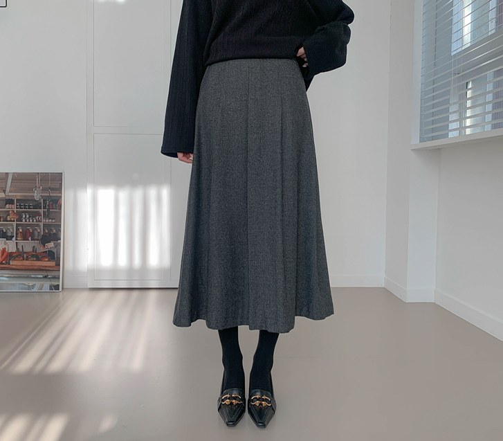 Leaf Herringbone Banding Flare Wool Rong Skirt