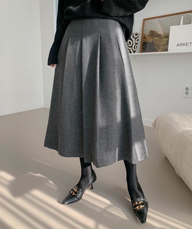 Leaf Herringbone Banding Flare Wool Rong Skirt