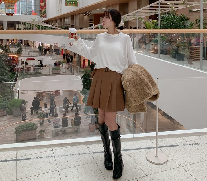 Mog Belt Pleats Wool Banding Mini Skirt