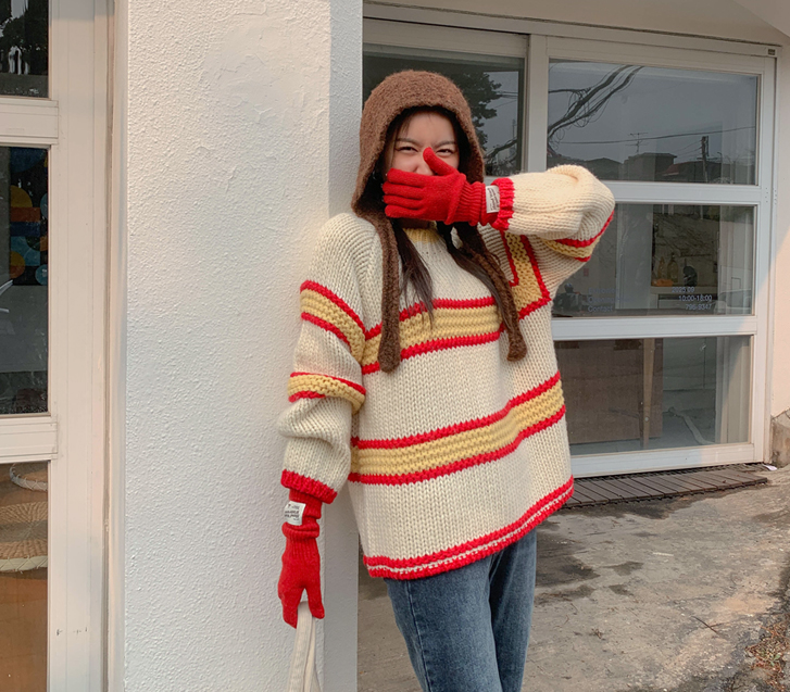 Meniz color combination knit single-breasted wool knit