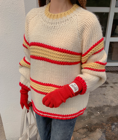 Meniz color combination knit single-breasted wool knit