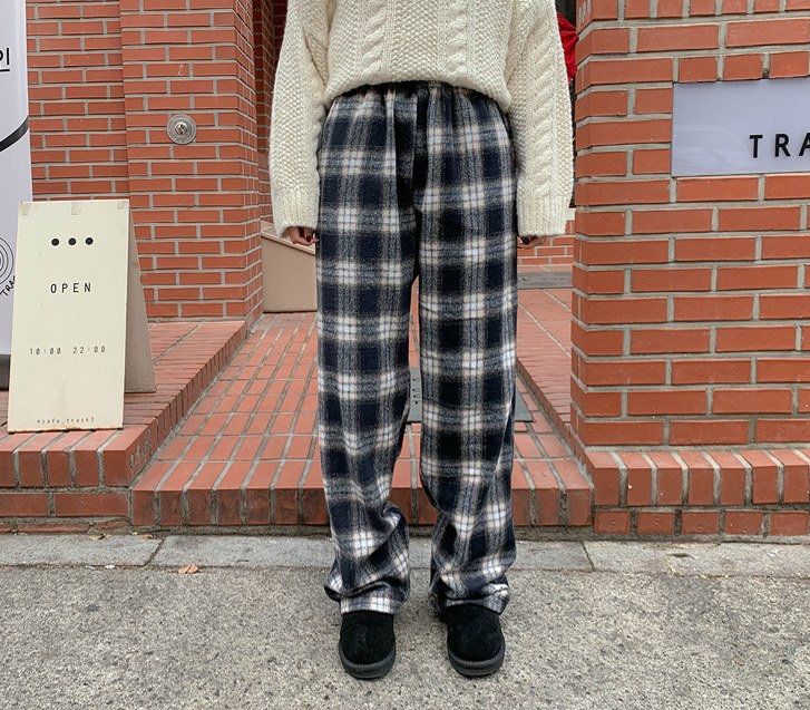 [Unisex] Rail Check Outer Fleece Banding String Wide Pants