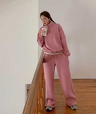 Madeleine Corrugated Knit Half Zip Wide Pants Set