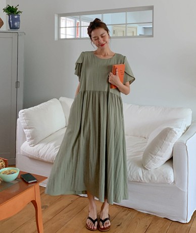 Tulip Sleeve Shirring Short-sleeve Long one piece