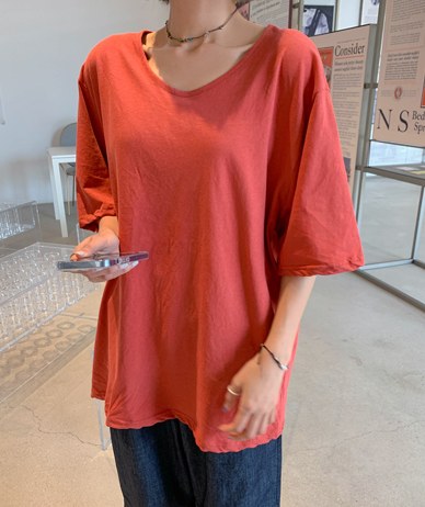 Mock U-neck Basic Short-sleeve T-shirt