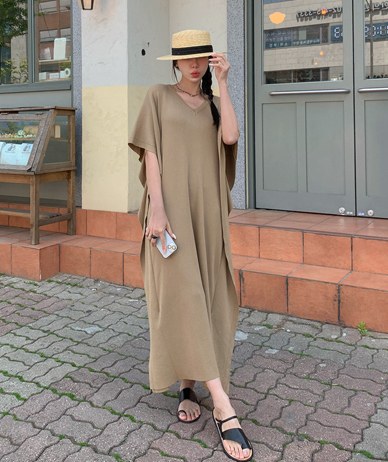 Angel Viscose V-neck Knit Short-sleeve Long one piece