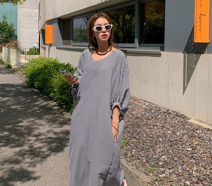 High-waisted check gaori Boxy Long one piece