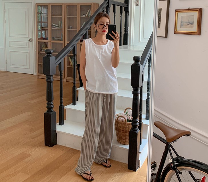 One-day Stripe Banding Wide Pants