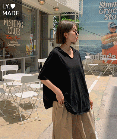 Slavic Washing V-neck Hood Short-sleeve T-shirt