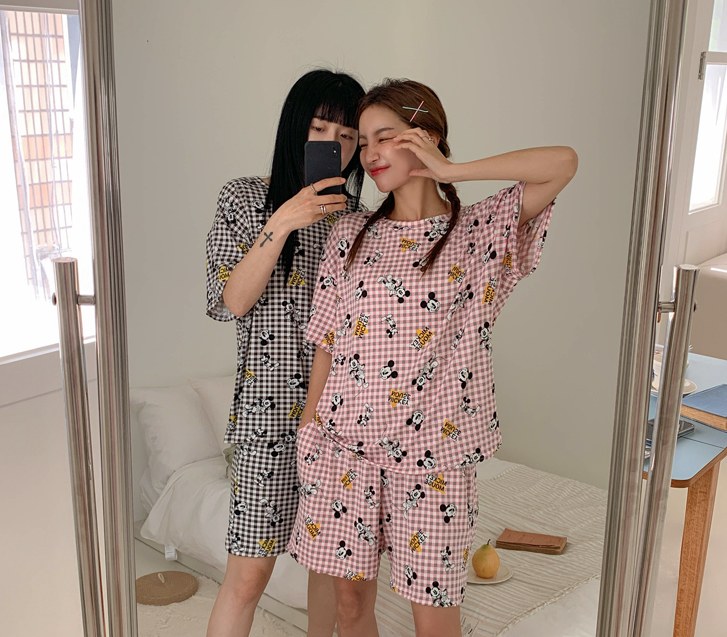 Mickey Check Peach Span Short-sleeve Shorts Pajama Set