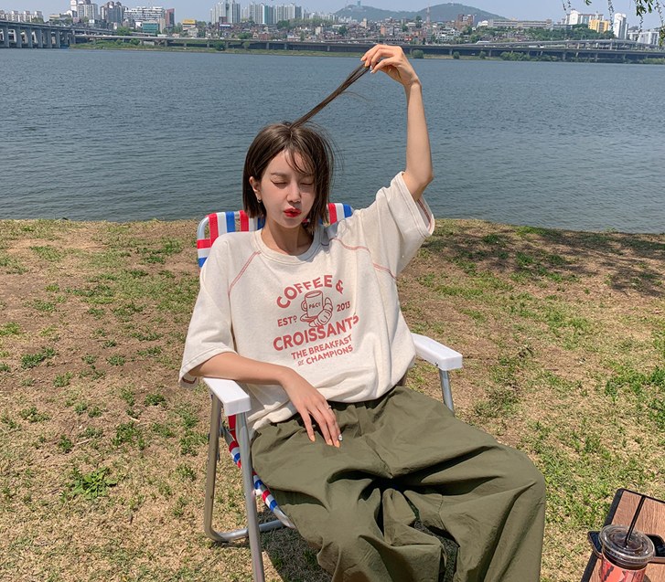 Coffee print stitch nagrang Short-sleeve Sweatshirt