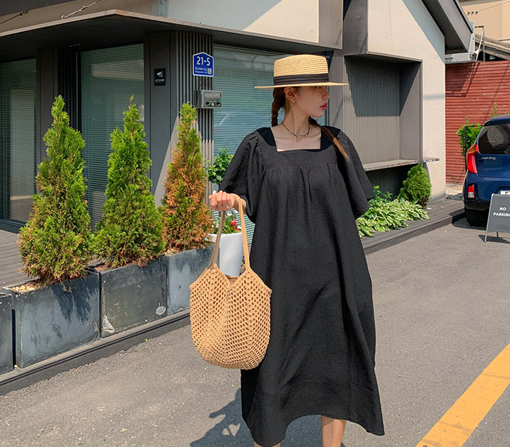 Berry square neck jijimi shirring Short-sleeve shirring Long one piece