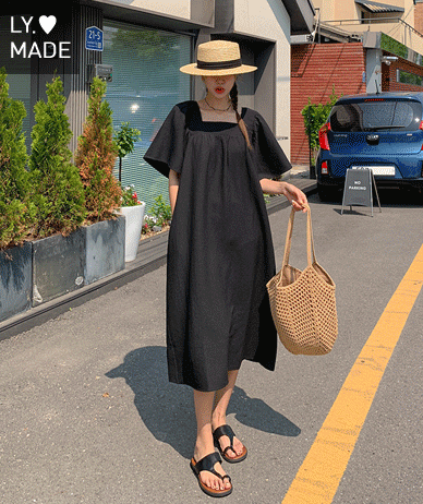 Berry square neck jijimi shirring Short-sleeve shirring Long one piece