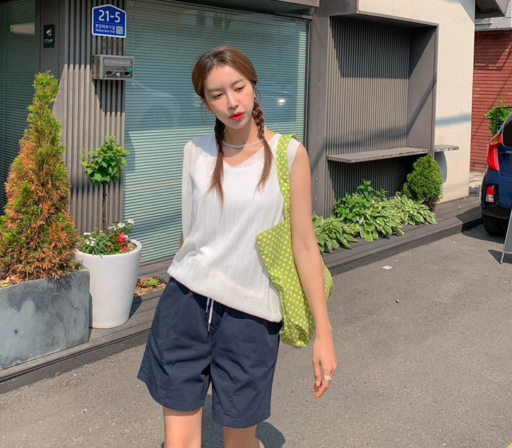 Niti V-neck Linen Corrugated Knit Sleeveless shirts