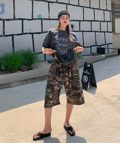 [Unisex] One Piece Washing Camo Banding Bermuda Pants
