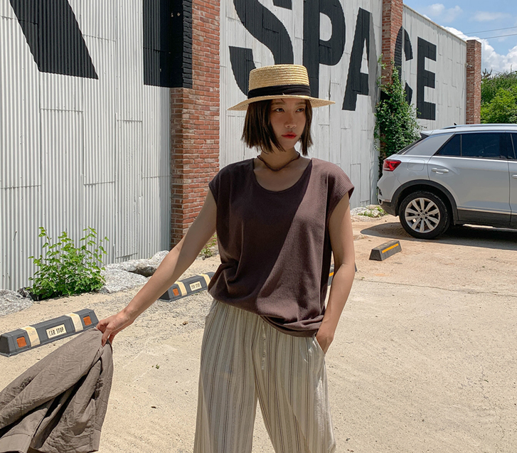 Ari Linen U-neck Corrugated Cap Sleeve Sleeveless shirts
