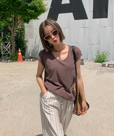 Ari Linen U-neck Corrugated Cap Sleeve Sleeveless shirts
