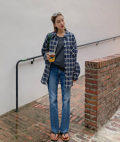 [Unisex] Elin Check Long-sleeve Long Shirt Shirt