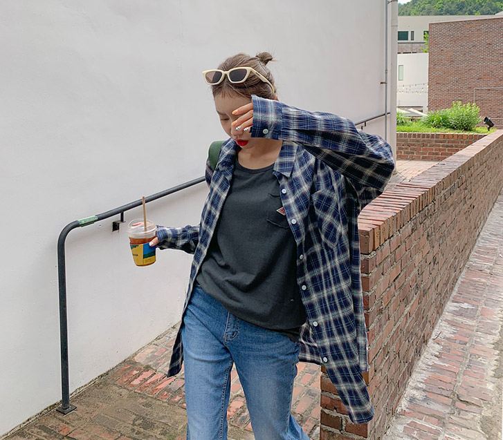 [Unisex] Elin Check Long-sleeve Long Shirt Shirt