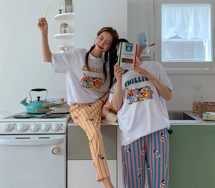 Sofa Mickey Short T shirts Stripe Pants Pajama Set