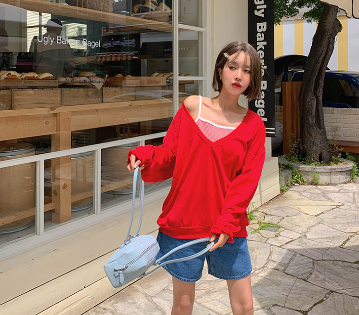 Perry Deep V-Neck Bowknot Long-sleeve Sweatshirt