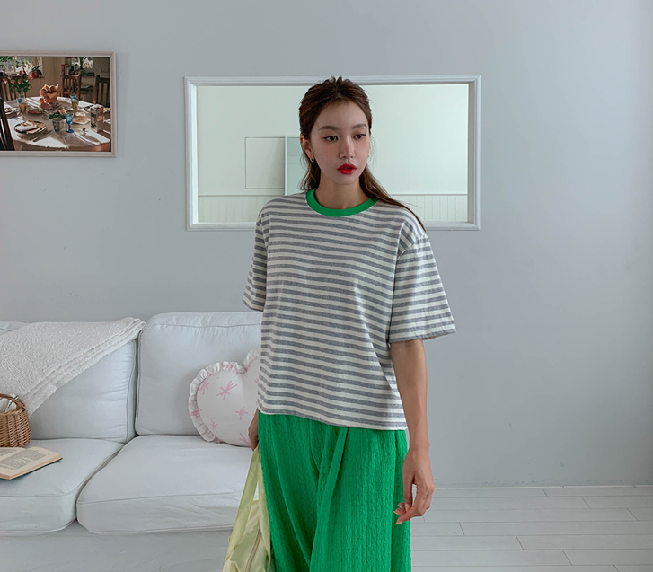 Candy color combination single-breasted short-sleeve T-shirt
