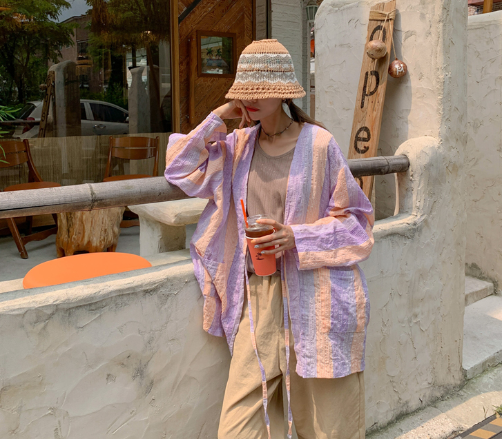 Dock color combination Stripe Linen Robe Cardigan
