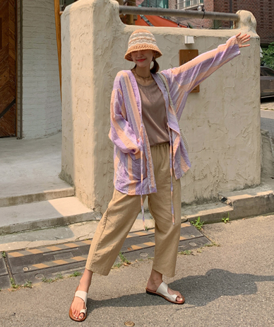 Dock color combination Stripe Linen Robe Cardigan
