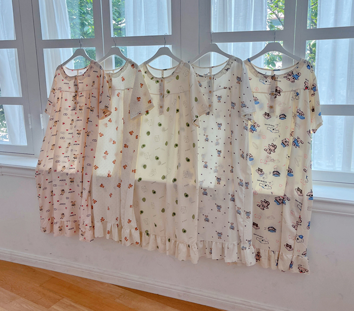 Yoru Shirring Short-sleeve Pajama Long one piece