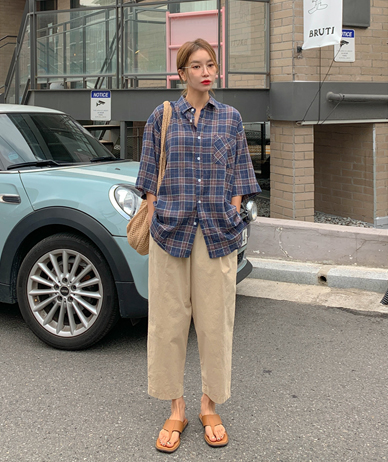 [Unisex] Letchi Summer Check Short-sleeve Shirt Shirt