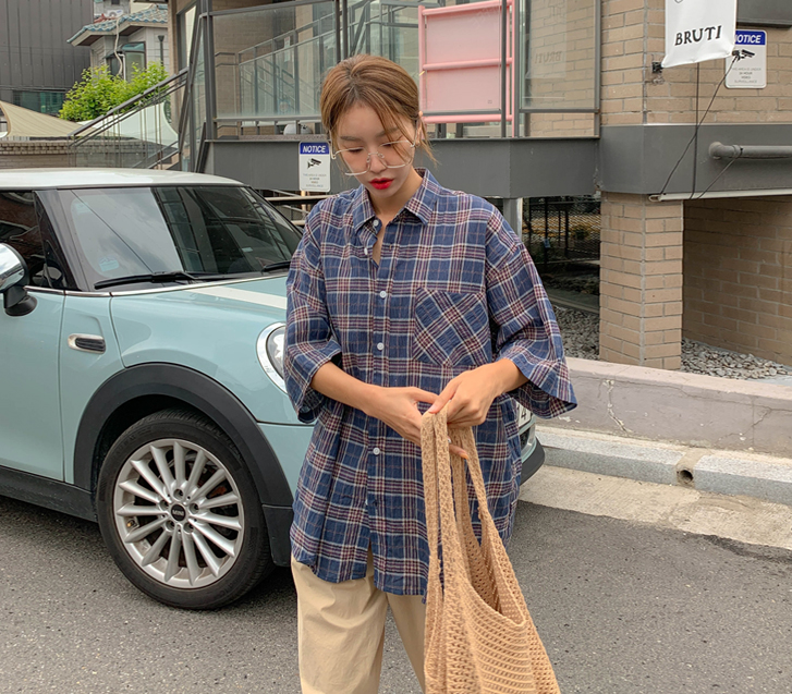 [Unisex] Letchi Summer Check Short-sleeve Shirt Shirt