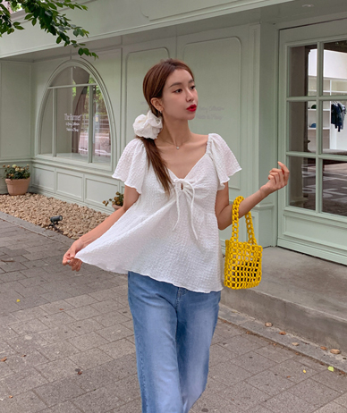 Bit bowknot Wrinkle Short-sleeve Blouse