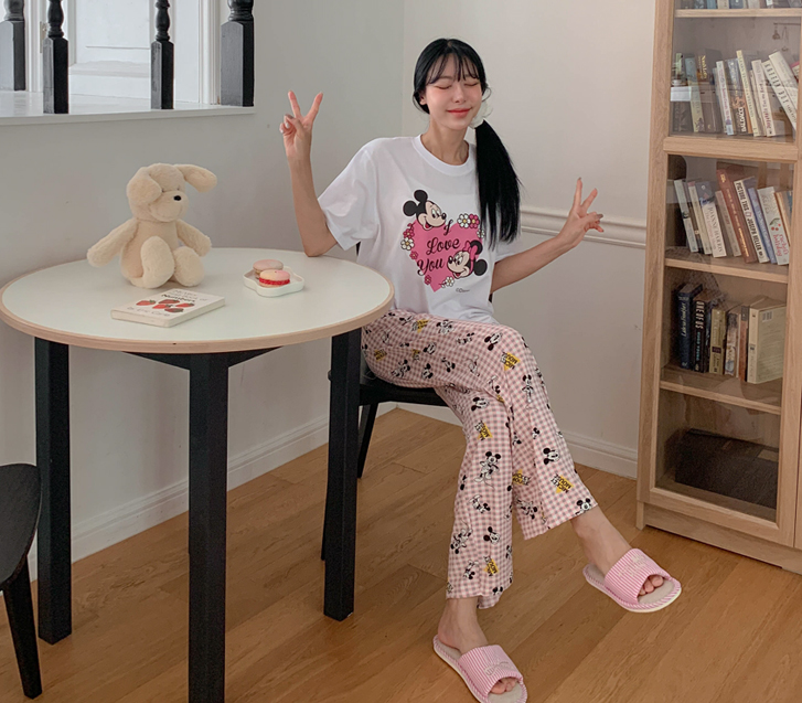 Happy Mickey Check Peach Span Pajama Pants