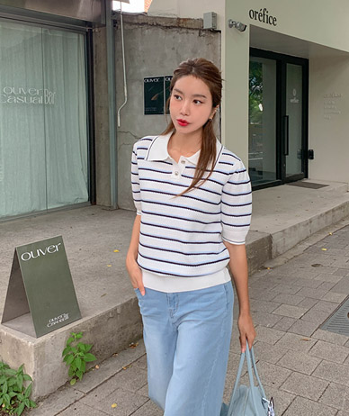 Cocobi color combination single-breasted short-sleeve Kara Knit