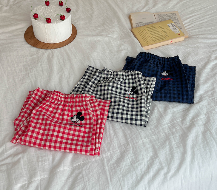 [Unisex] Mickey Seersucker Check Banding 5-part Pajama Pants