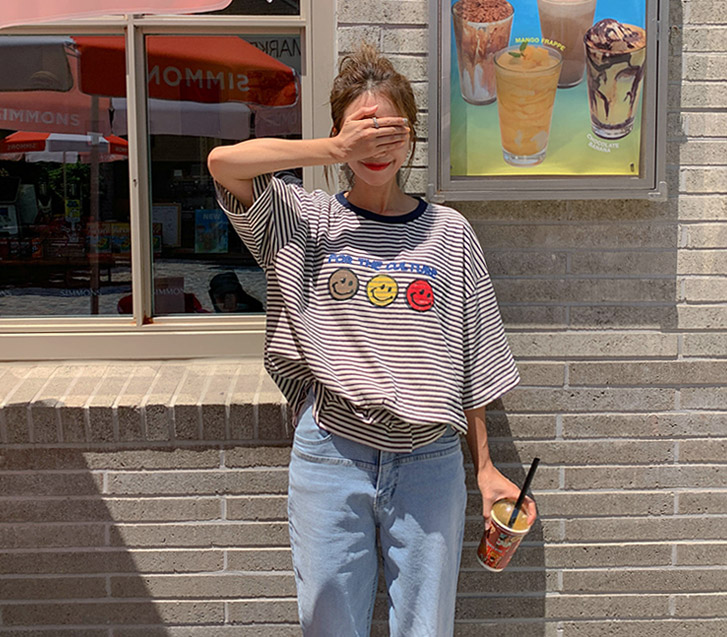 Smile Dangara color combination Boxy Short-sleeve Long t shirts