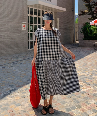 Summer Check Cap Sleeve Long one piece