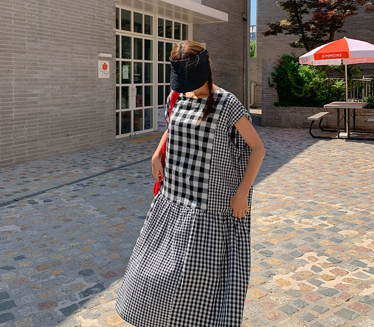 Summer Check Cap Sleeve Long one piece