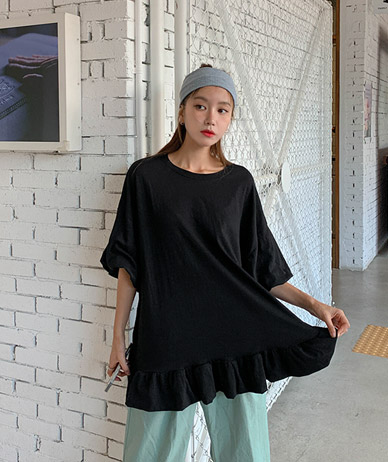 Pumpkin Shirring Flare Short-sleeve Long t shirts