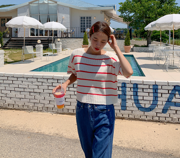 Flat Single-breasted Square Neck Summer Short-sleeve Knit