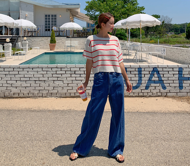 Light Denim Banding Wide Pants