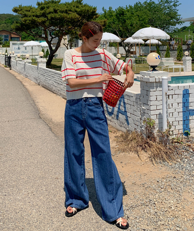 Light Denim Banding Wide Pants