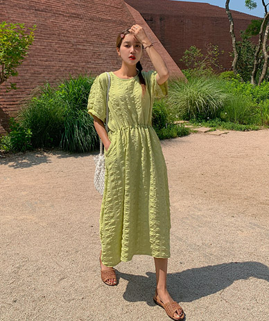 Pudding seersucker string Short-sleeve Long one piece